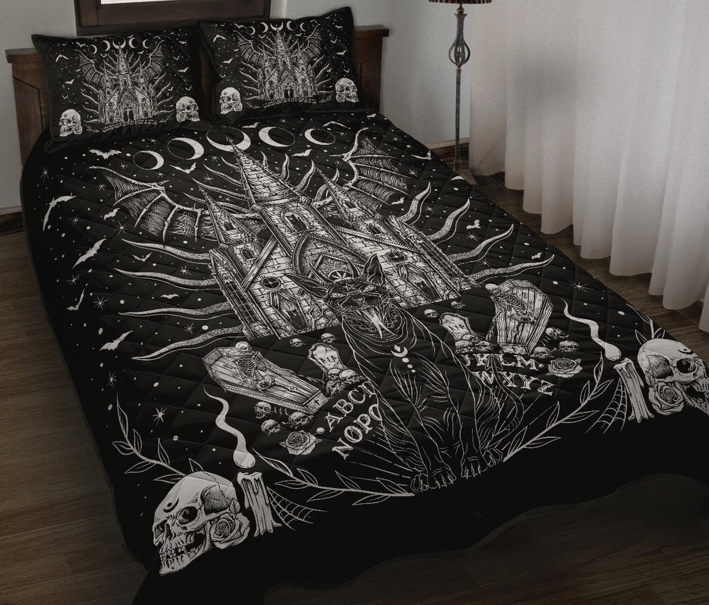 Skull Skeleton Diabolic Cat Coffin Bat Night House Ouija board Style Coffin Window Quilt 3 Piece Set