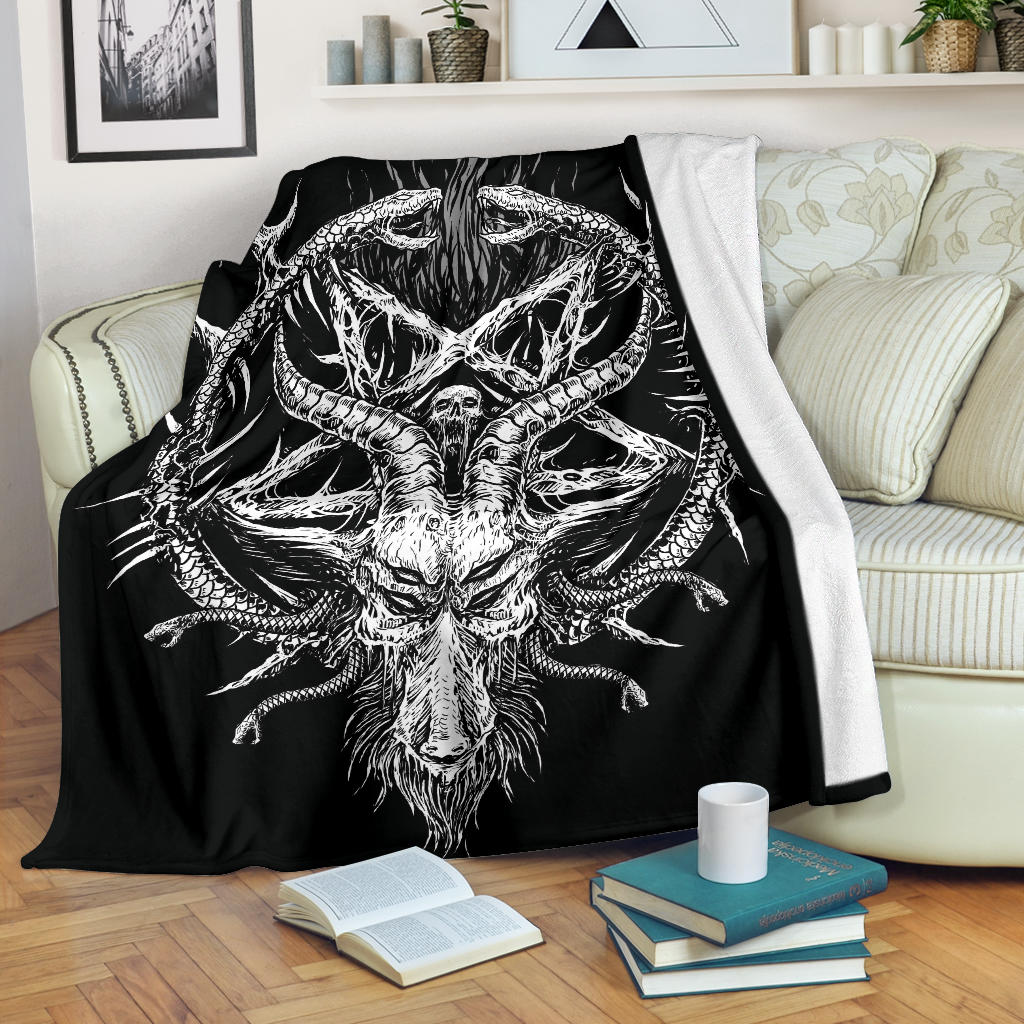 Skull Satanic Goat Satanic Pentagram Demon Serpent Blanket All Black And White