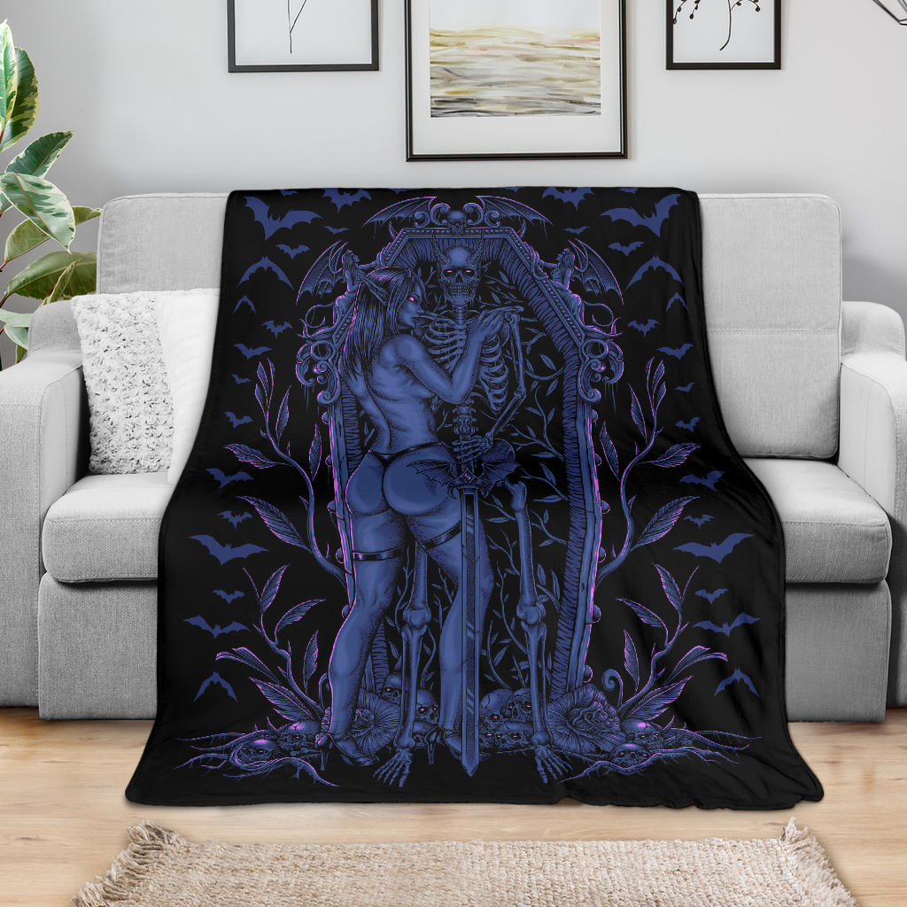 Bat Skull Bat Wing Erotic Demonic Skeleton Coffin Shrine Blanket Awesome Glowing Sexy Blue Pink