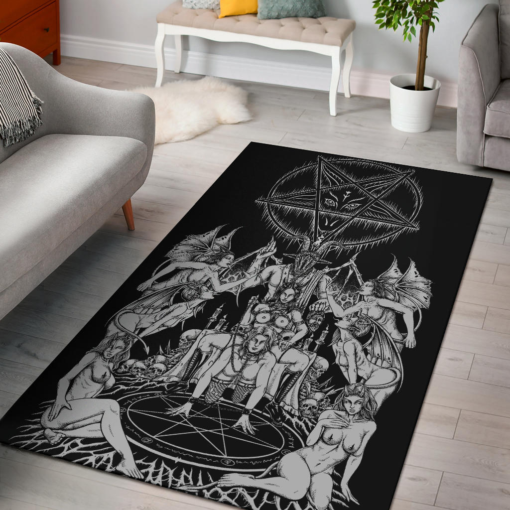 Skull Satanic Pentagram Bat wing Demon Baphomet Savior Head Flesh Party Area Rug Black And White