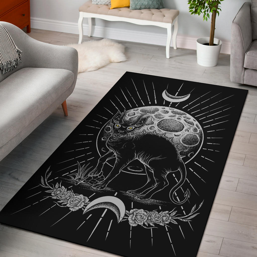 Gothic Occult Black Cat Unique Sphinx Style Area Rug Awesome Full black Cat Demonic Green Eye No Pentagram Forehead Full Moon Version