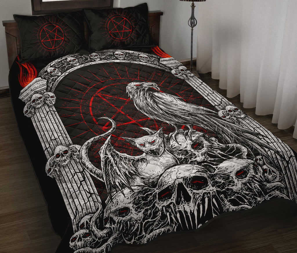 Skull Goth Occult Pentagram Batwing Demon Cat Quilt 3 Piece Set Black And White With Red