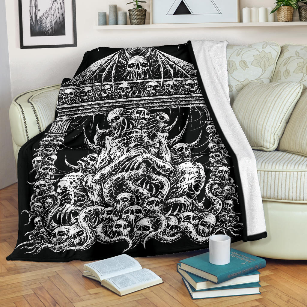 Skull Skeleton Demon Bat Skull Wing Death Shrine Blanket Black And White