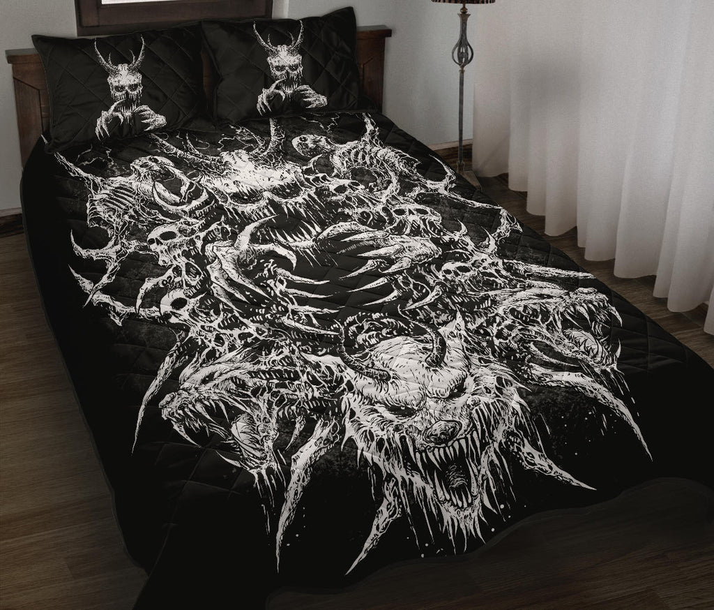 Skull Demon Wolf Quilt 3 Piece Bed Set Black And White Version