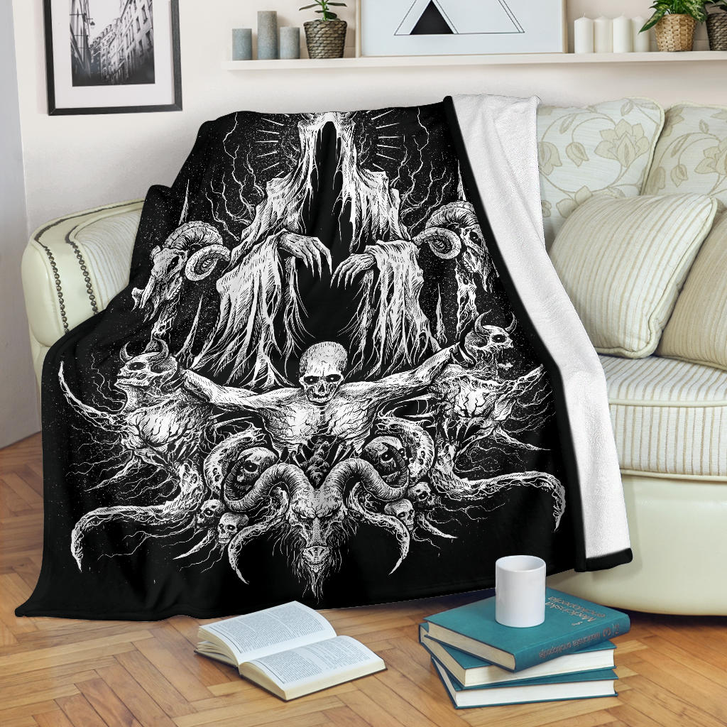 Skull Satanic Goat Demon Impaled and Crucified Blanket Black And White