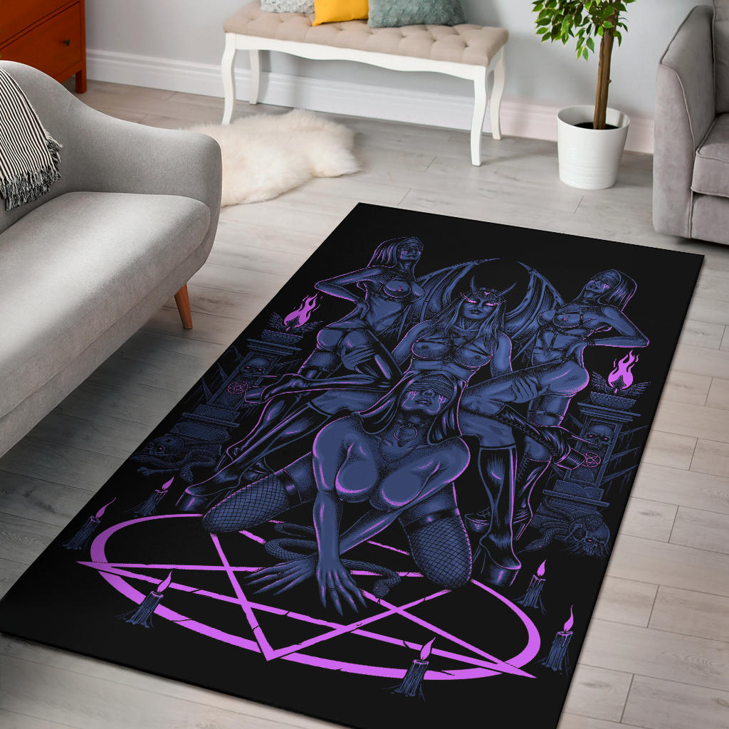 Skull Satanic Pentagram Serpent Impaled Erotic Demon Foursome Area Rug Erotic Blue Pink