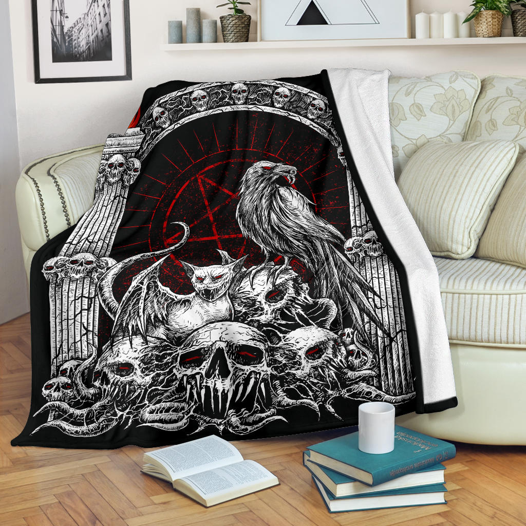 Skull Goth Occult Pentagram Batwing Demon Cat Blanket Black And White Red