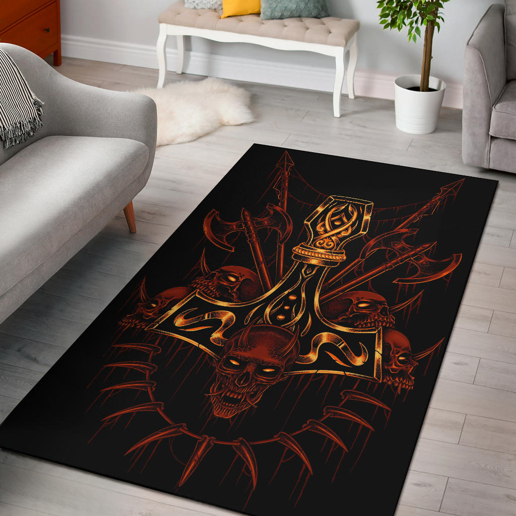 Skull Viking Thor's Hammer Sword Area Rug Awesome Red Flame
