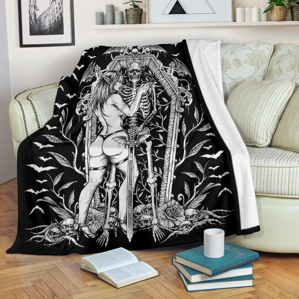 Bat Skull Bat Wing Erotic Demonic Skeleton Coffin Shrine Blanket Black And White