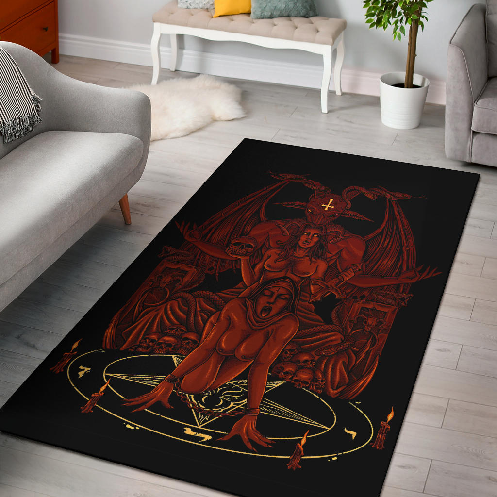 Skull Baphomet Serpent Satanic Pentagram Demon Inception Throne Area Rug Red Flame