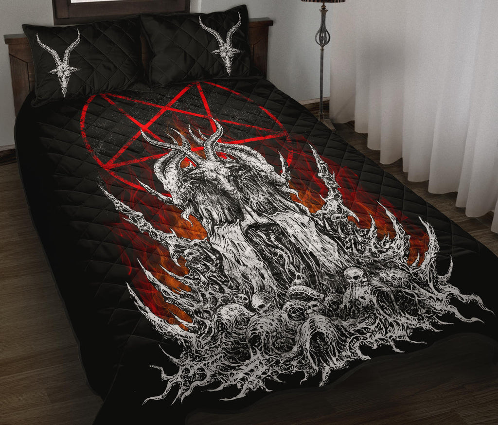 Skull Satanic Goat Satanic Pentagram Flame Quilt 3 Piece Set Large Flame Version