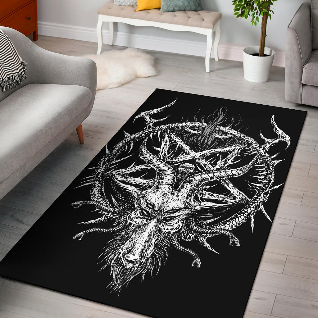 Skull Satanic Pentagram Goat Serpent Area Rug Black And White Version