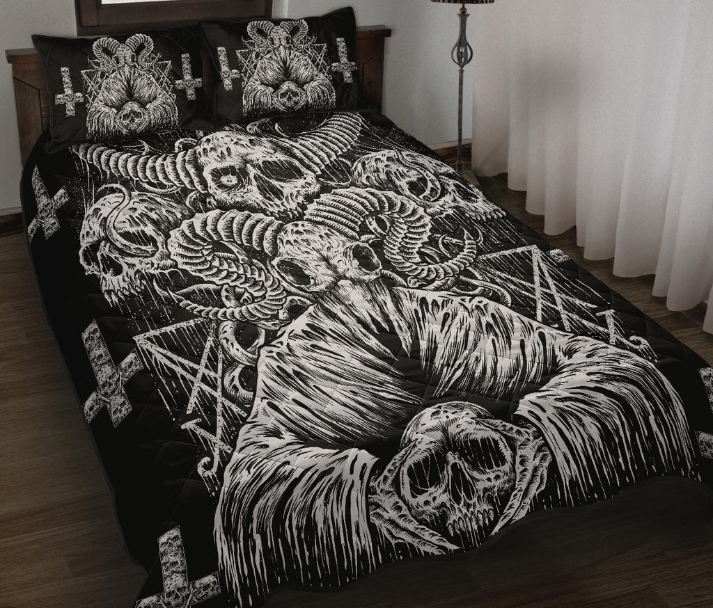 Skull Demon Satanic Cross Goat Skull Quilt 3 Piece Bed Set