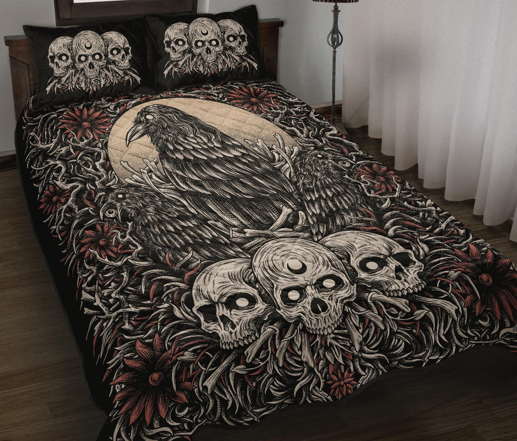 Skull Gothic Occult Crow Eye Quilt New Dark Color White Skull 3 Piece Set