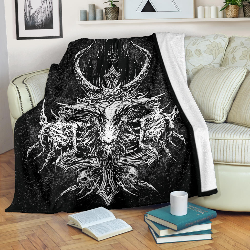 Skull Satanic Crowned Goat Satanic Cross Satanic Pentagram Night Church Part 2 Blanket Black And White