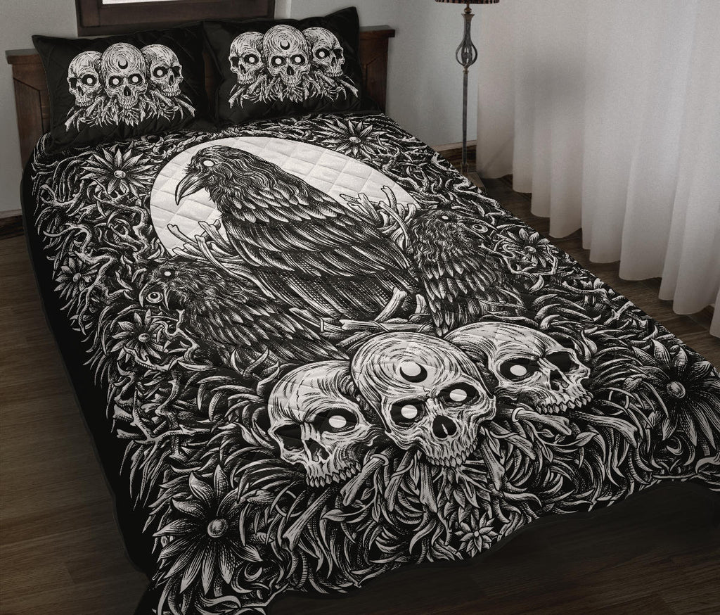 Skull Gothic Occult Crow Eye Quilt New Dark Black And White 3 Piece Set