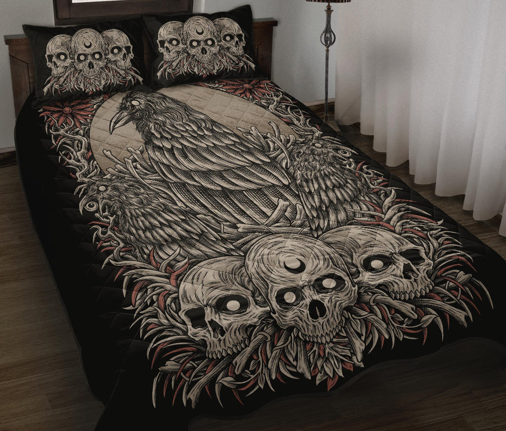Skull Goth Occult Crow Quilt 3 Piece Bed Set Color Version