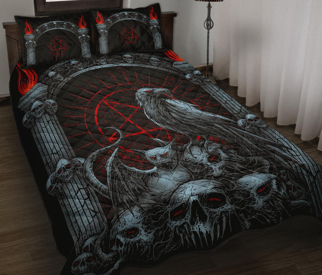 Skull Goth Occult Crow Bat Wing Demon Cat Quilt 3 Piece Set Color Version