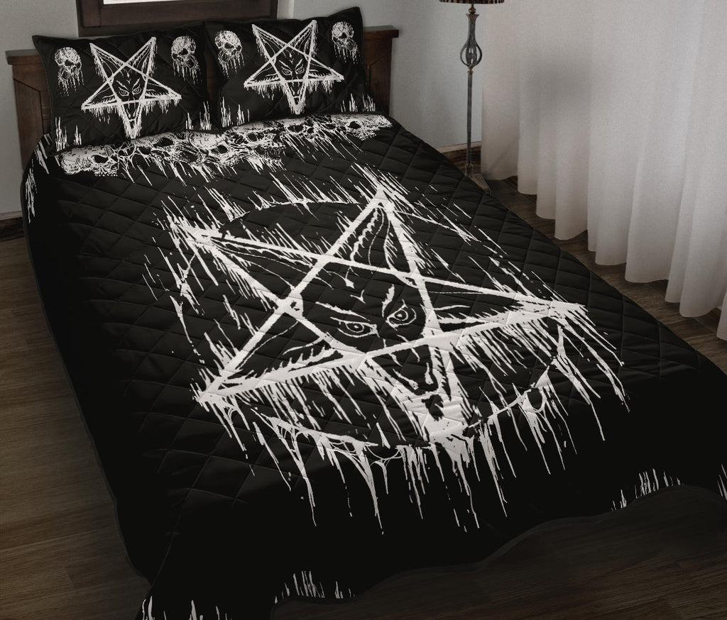 Skull Satanic Pentagram Drip Quilt 3 Piece Bed Set