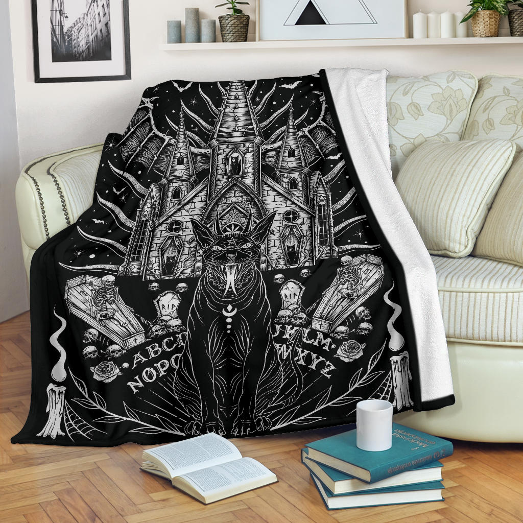Skull Skeleton Diabolic Cat Coffin Bat Night House Ouija board Style Coffin Window Blanket