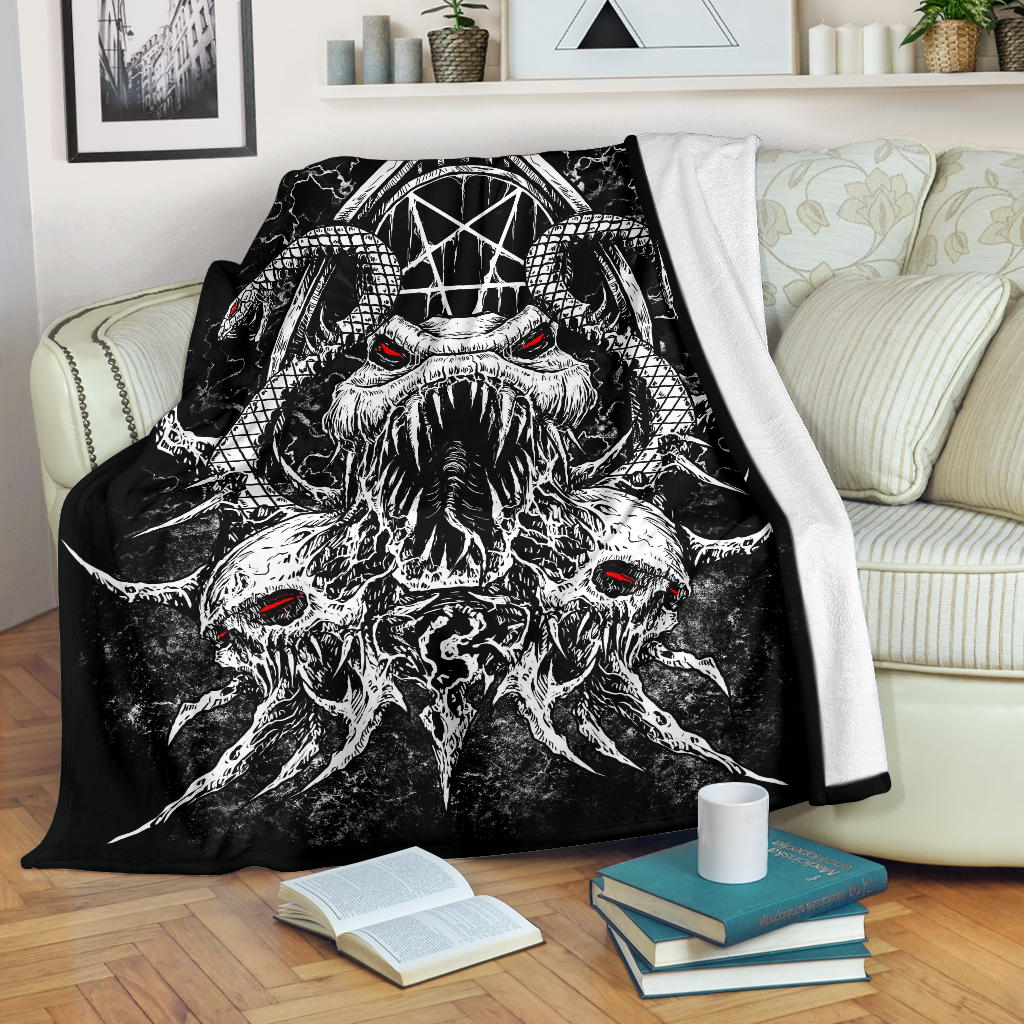 Skull Satanic Pentagram Demon Serpent Blanket Black And White Red Eye