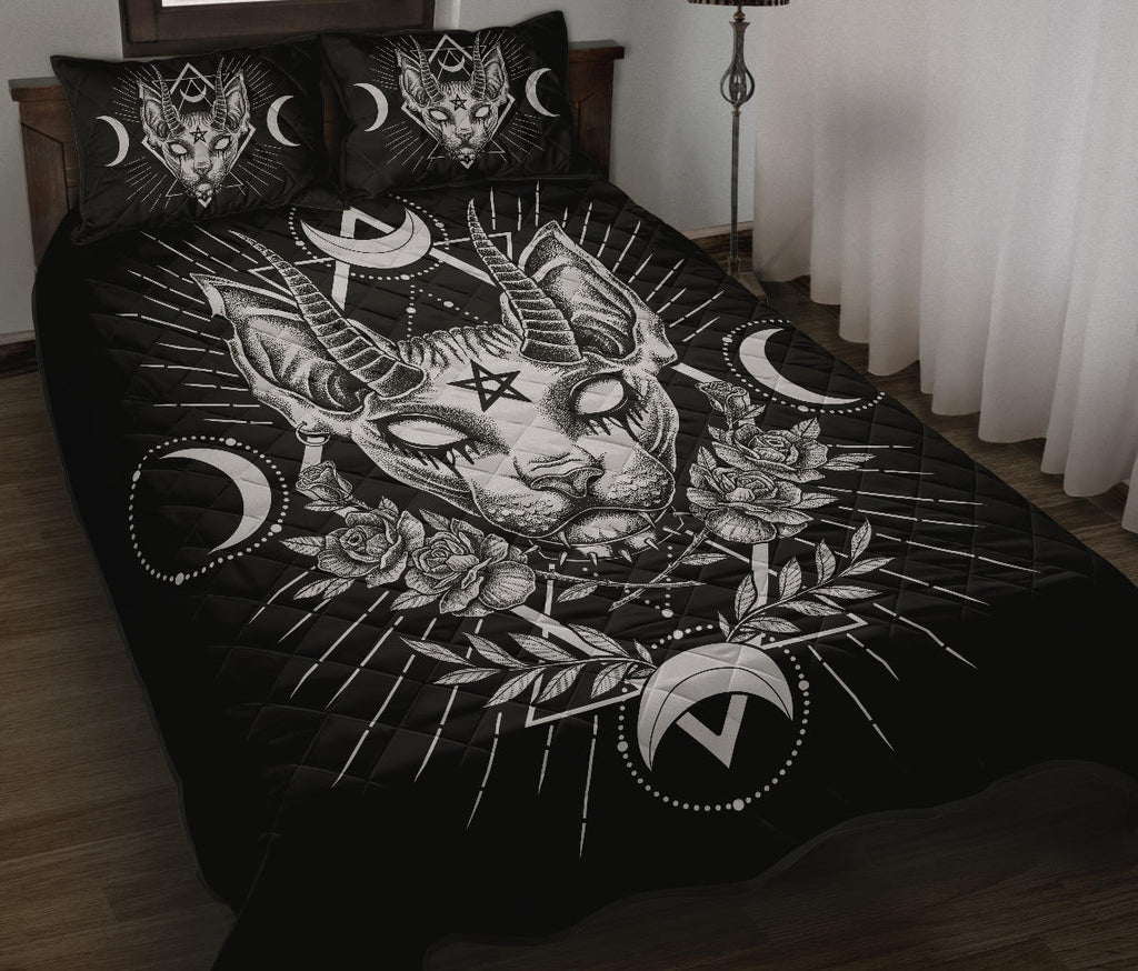 Gothic Occult Black Cat Unique Sphinx Style 3 Piece Quilt Set Awesome Demonic White Eye