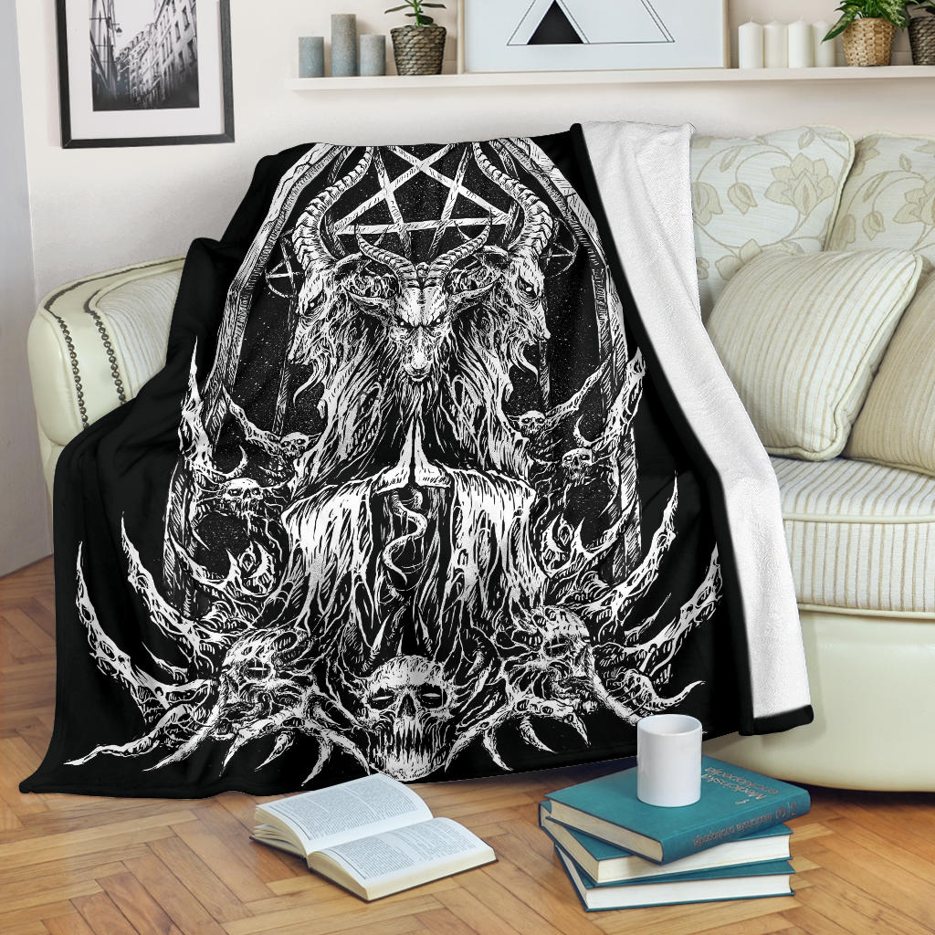 Skull Satanic Goat Inverted Pentagram Shrine Blanket 2nd Black And White Prayer Version