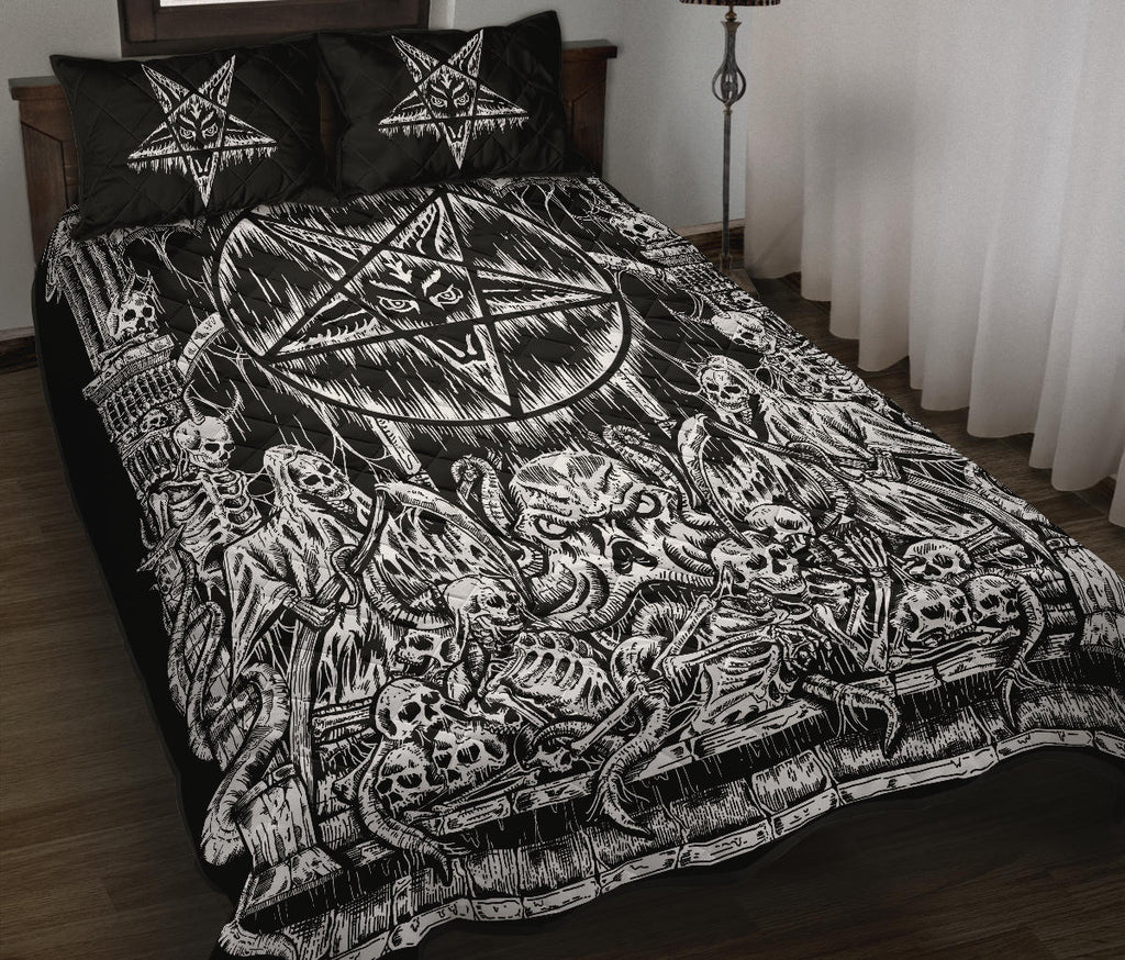 Skull Skeleton Satanic Pentagram Shrine Quilt 3 Piece Bed Set