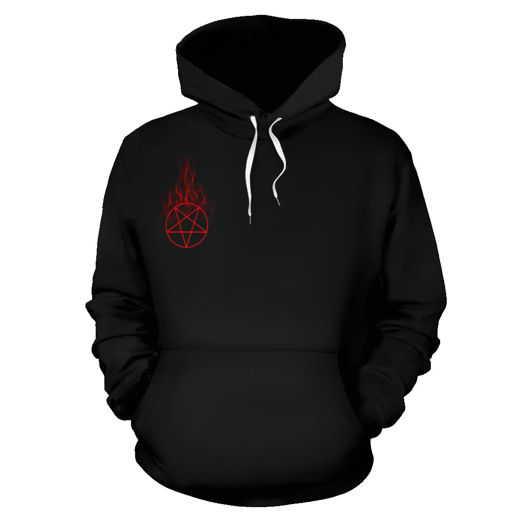 Skull Demon Satanic Pentagram Flame Church Hoodie Black And White Red Pentagram