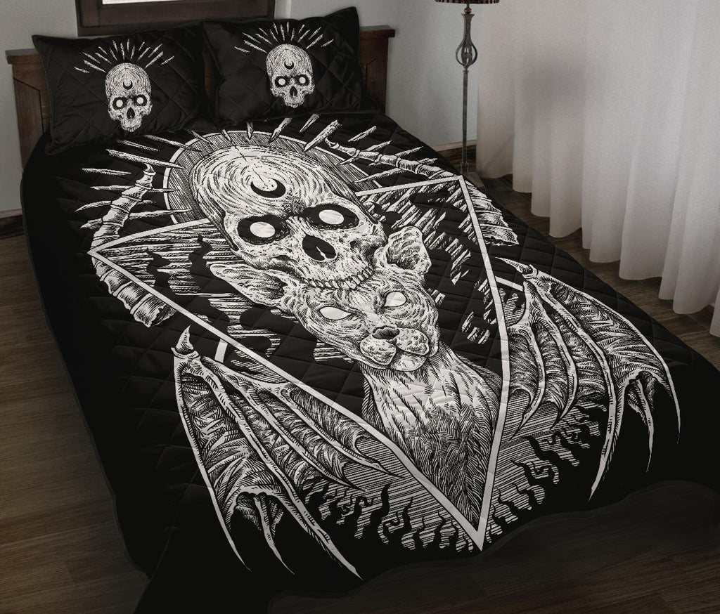 Gothic Quilt Skull Bat Wing Cat 3 Piece Bed Set Black And White Version