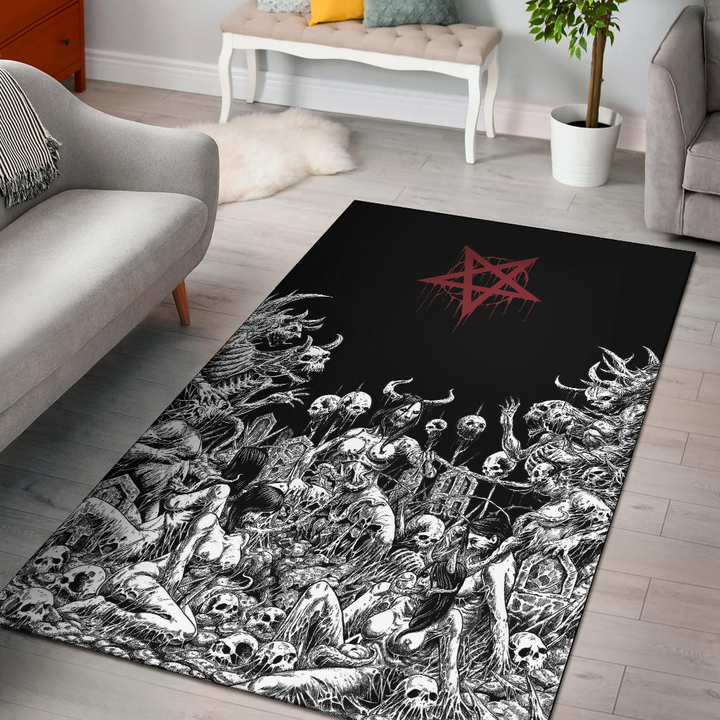 Skull Satanic Pentagram Demon Nymphomania And Loving It Area Rug Black And White Version
