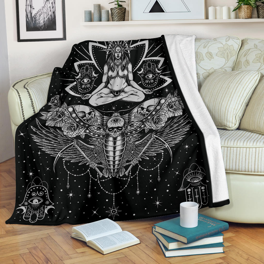 Skull Occult Cyclops Moth Crow Sword Blanket Black And White