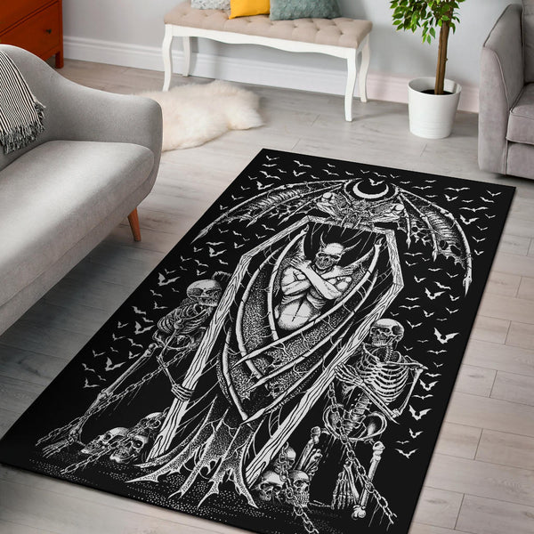 Skull Skeleton Chain Wicked Bat Shroud Area Rug Black And White ...