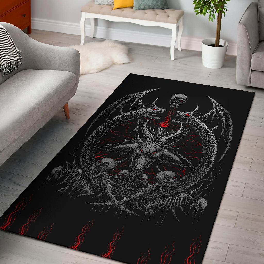 Skull Demon Satanic Goat Satanic Pentagram Serpent Flame Area Rug Silver Red