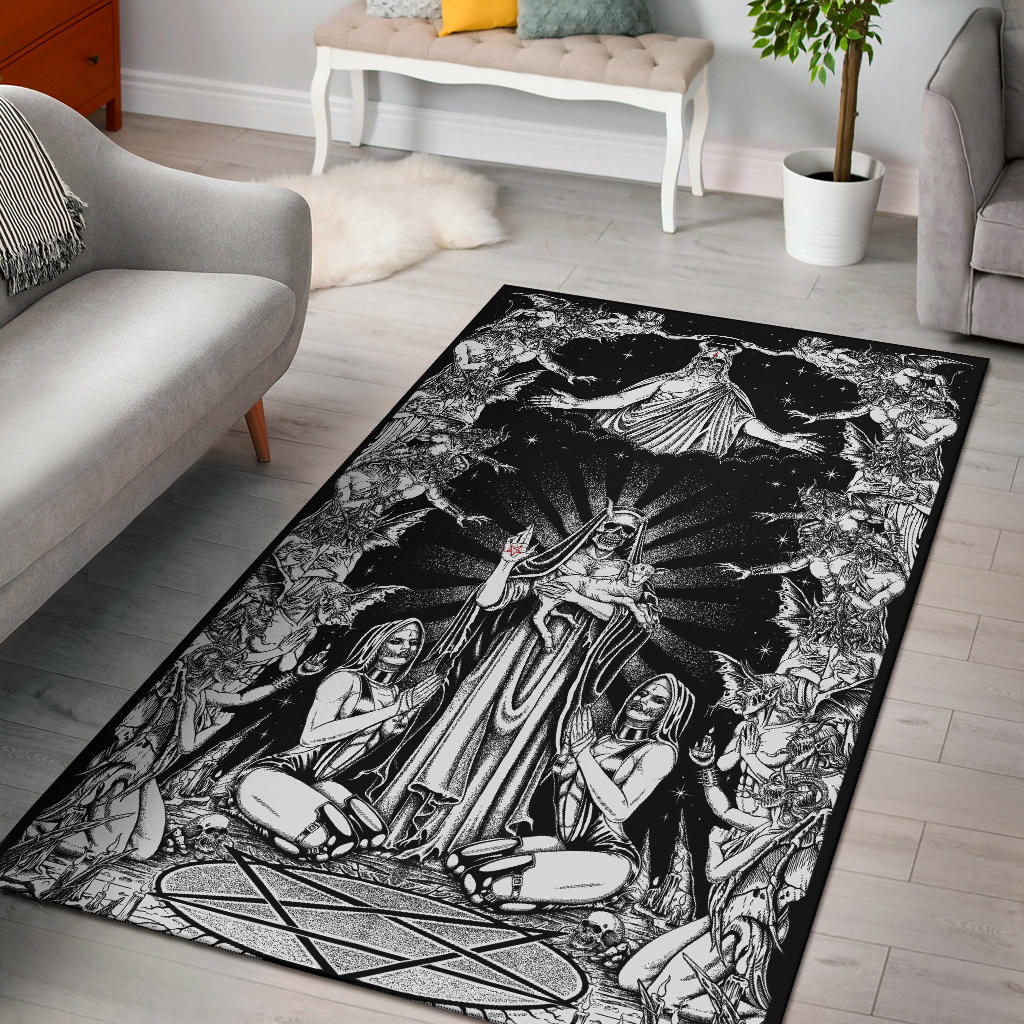 Satanic Pentagram Palm Nun Inverted Cross Forehead Demon Bombardment Area Rug Black And White Version