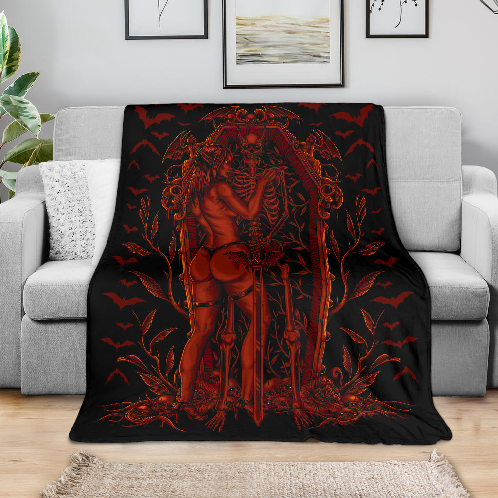 Bat Skull Bat Wing Erotic Demonic Skeleton Coffin Shrine Blanket Red Flame