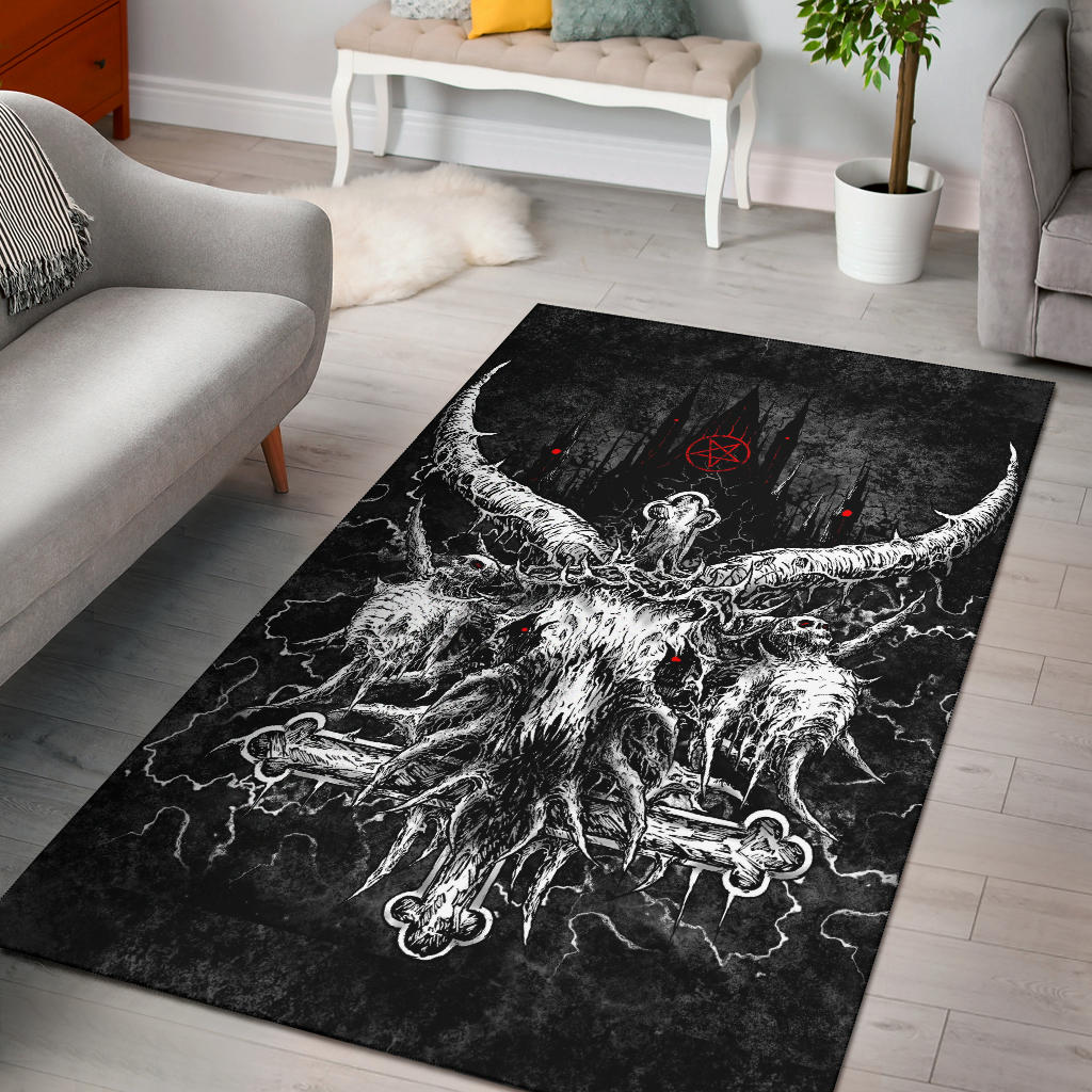 Skull Satanic crowned Goat Inverted Cross With Inverted Pentagram Night Church Area Rug