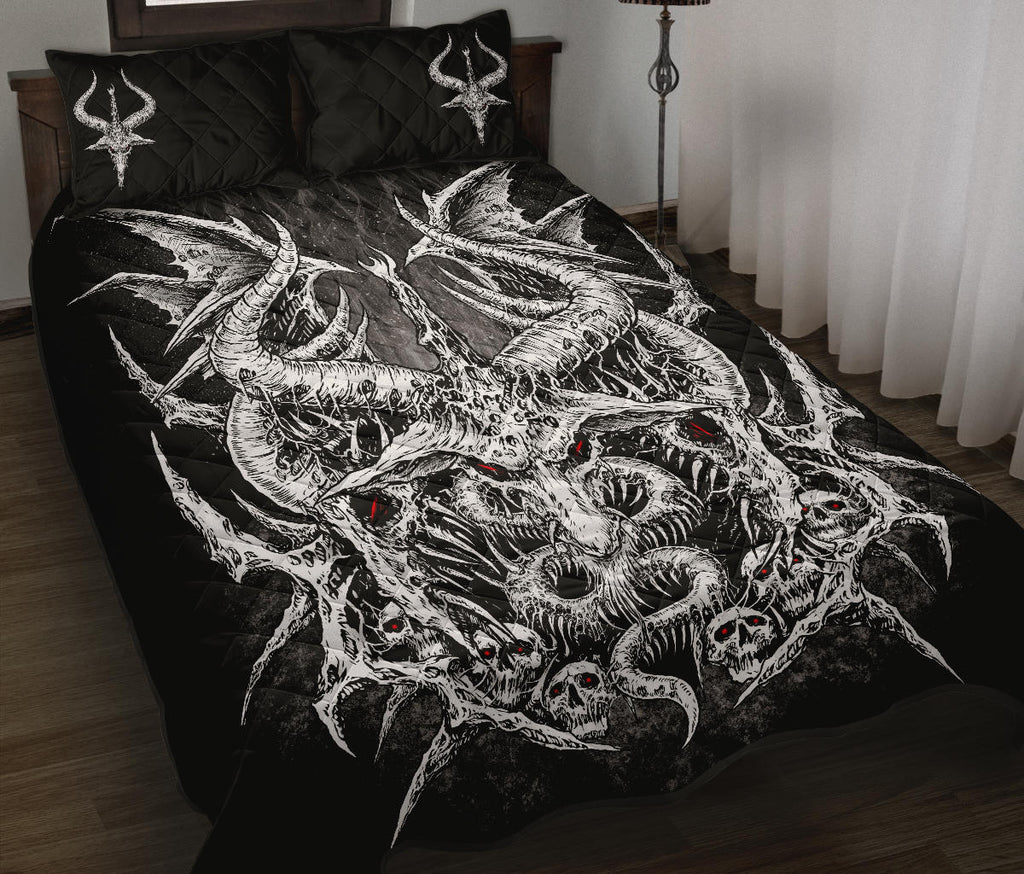 Skull Goth Satanic Goat Wing Smoke Color Flame 3 Piece Quilt Bed Set