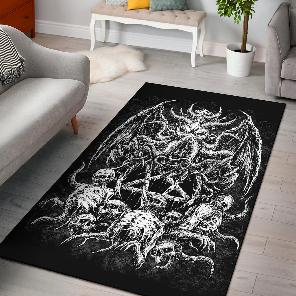 Skull Skeleton Demon Octopus Satanic Pentagram Area Rug Black And White Version