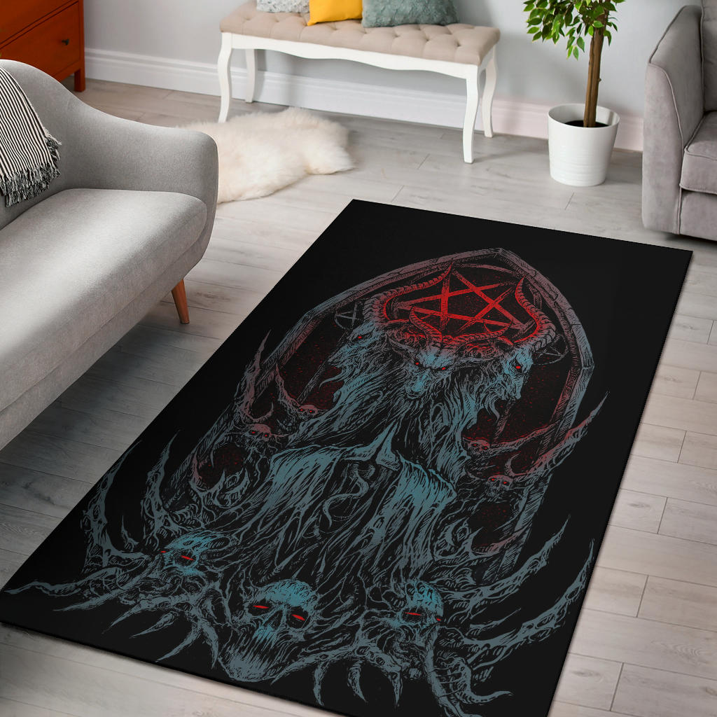 Skull Satanic Goat Inverted Pentagram Shrine 2nd Color Prayer Version Area Rug