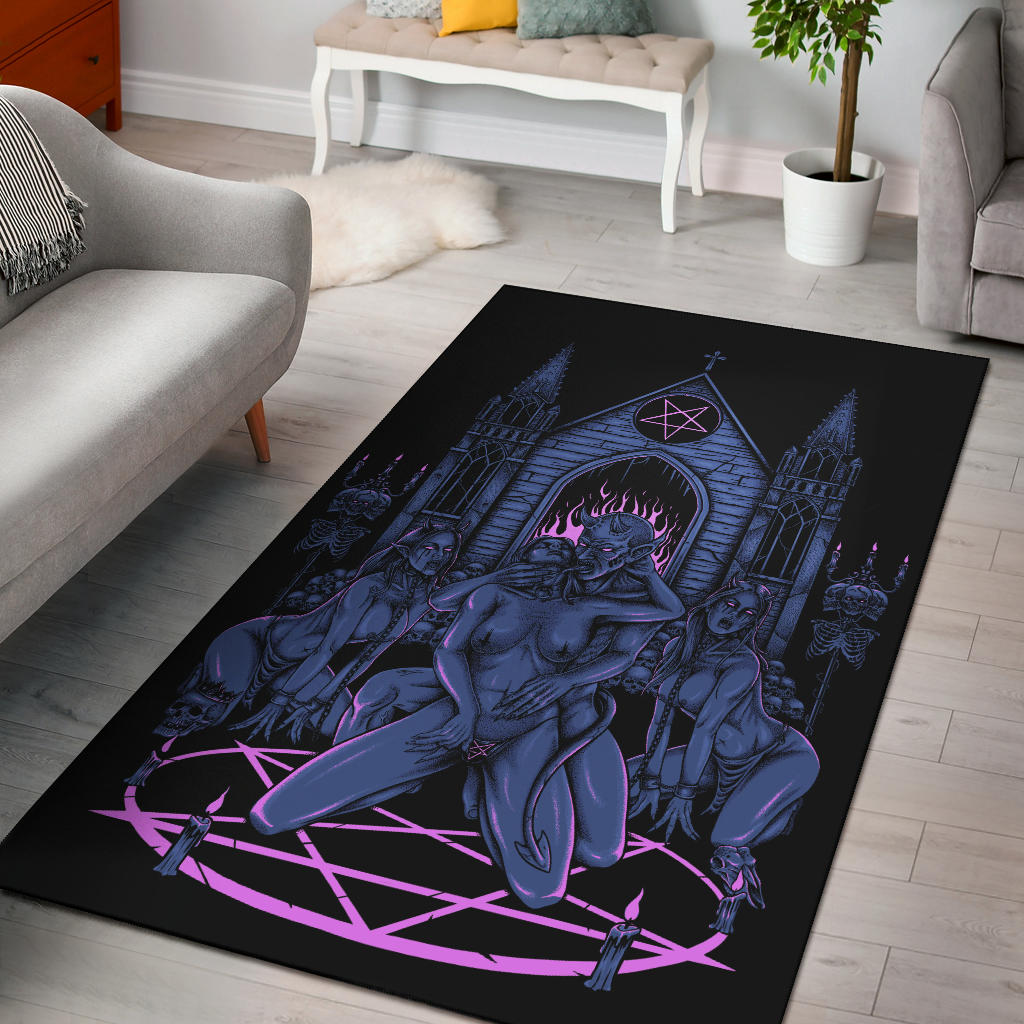 Skull Satanic Pentagram Demon Lucifer's Chapel Of Flesh Area Rug Sexy Blue Pink