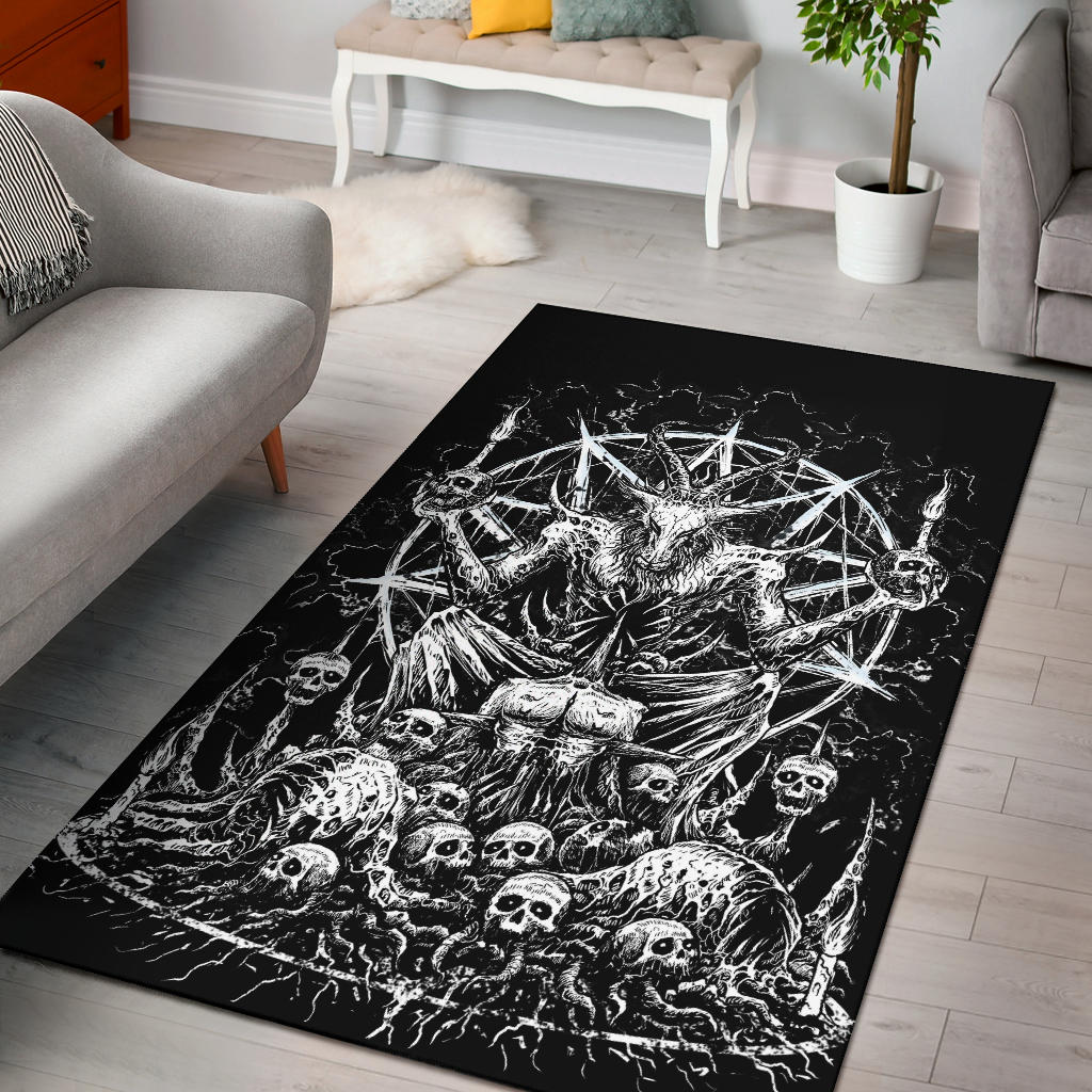 Skull Satanic Goat Impaled Eternal Torment Skull Candle Trophy Area Rug All Black And White Version