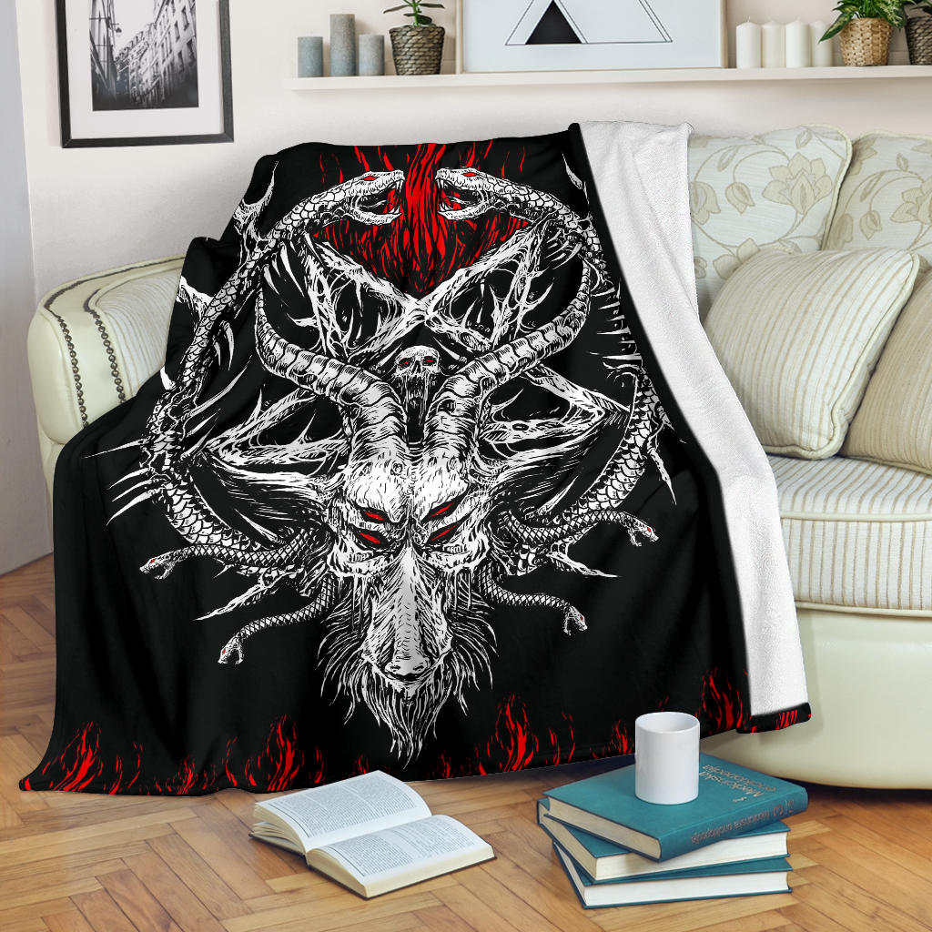 Skull Satanic Goat Satanic Pentagram Serpent Flame Blanket Black And White Red Flame