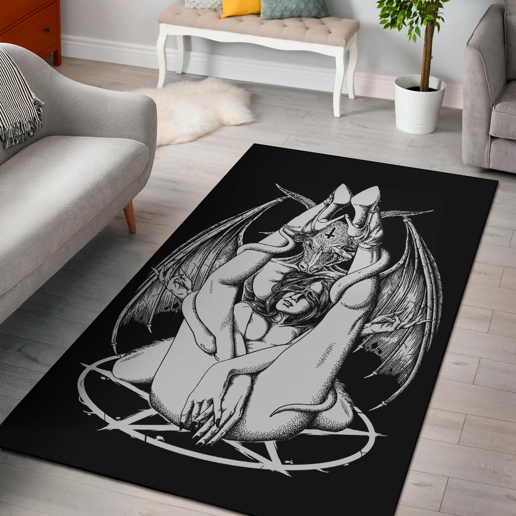 Satanic Pentagram Satanic Cross Serpent Bat Wing Demon Inception Area Rug Black And White