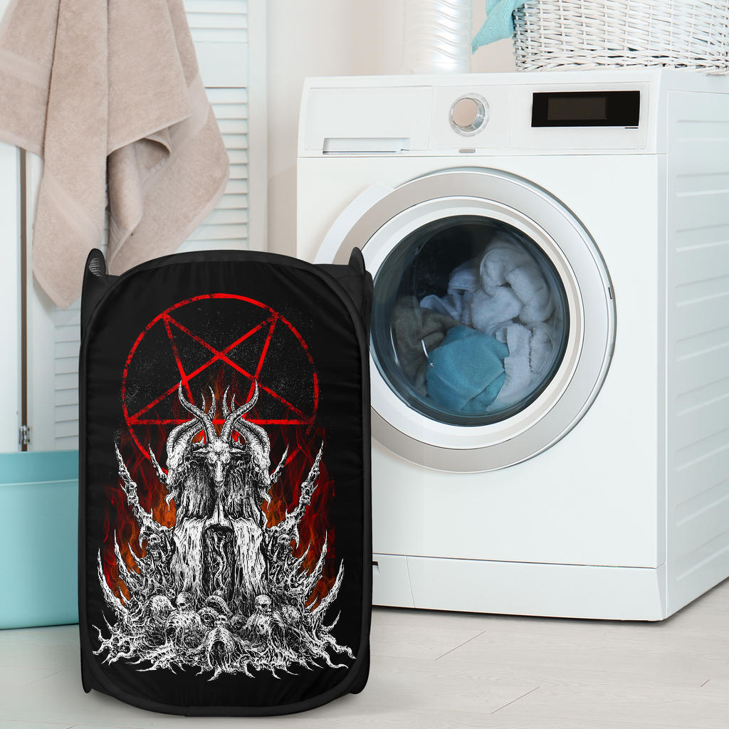 Skull Satanic Goat Pentagram Flame Laundry Hamper