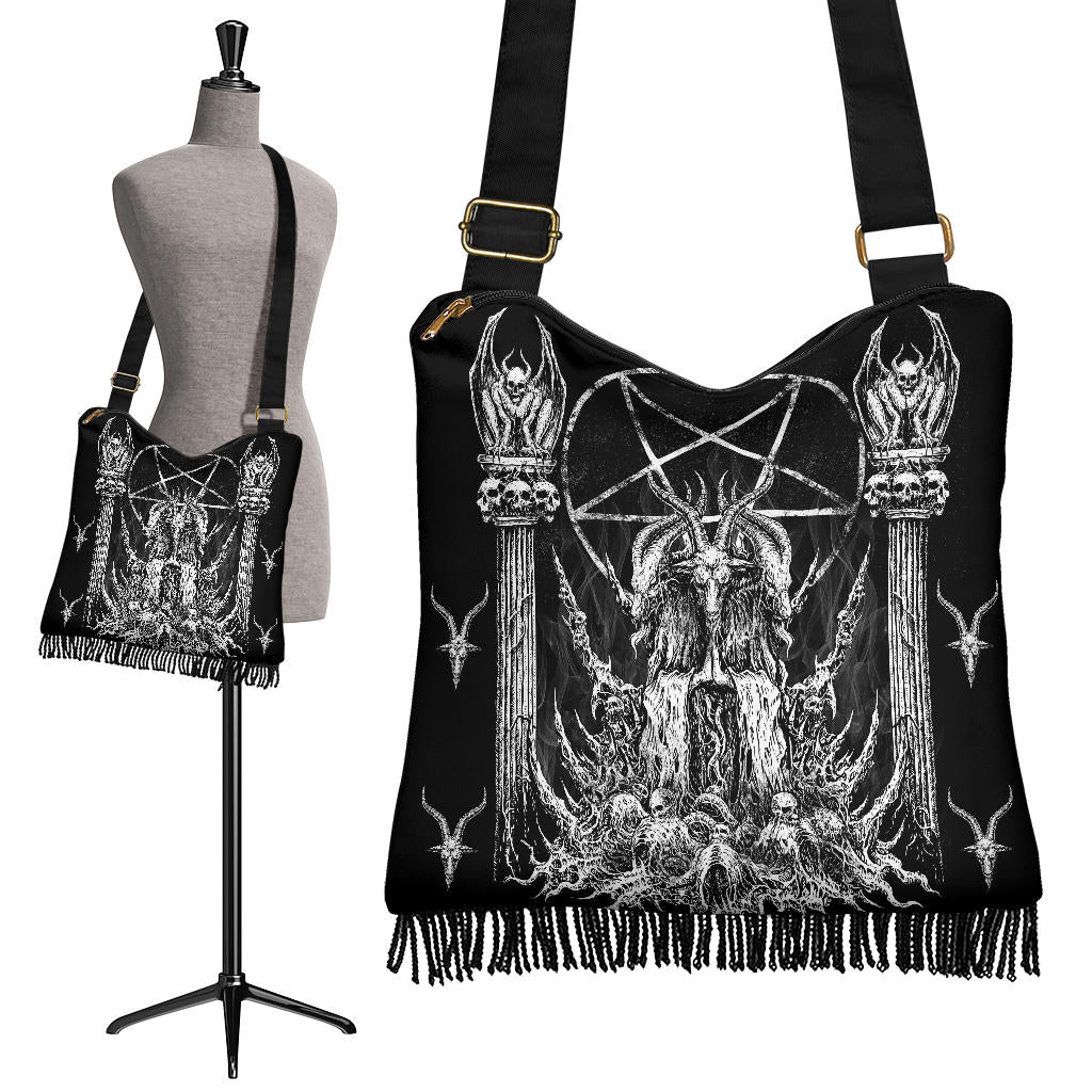 Skull Satanic Goat Inverted Pentagram Winged Demon Black And White Version Shoulder Bag Purse