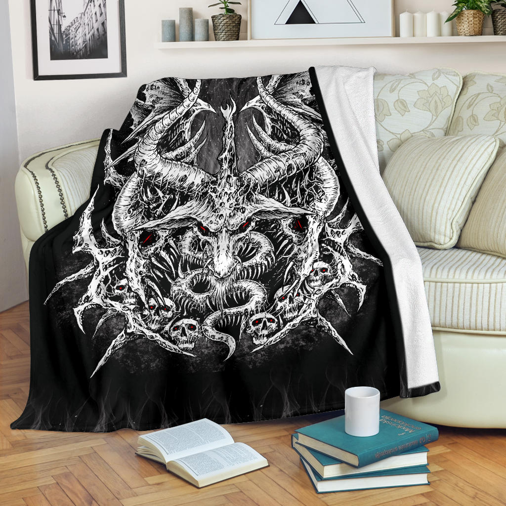 Skull Satanic Goat Wing Demon Blanket Black And White Version