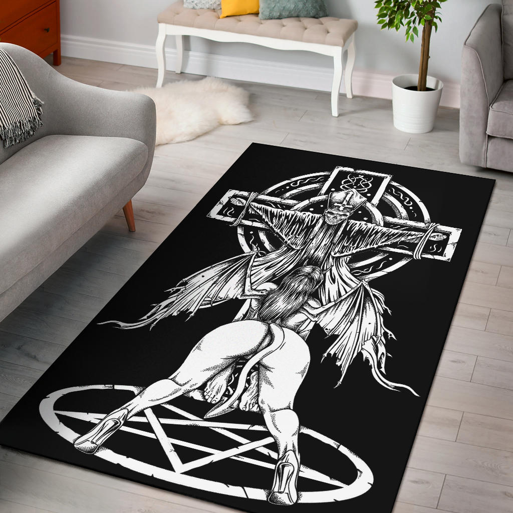 Skull Satanic Pentagram Demon Priest Crucified Area Rug