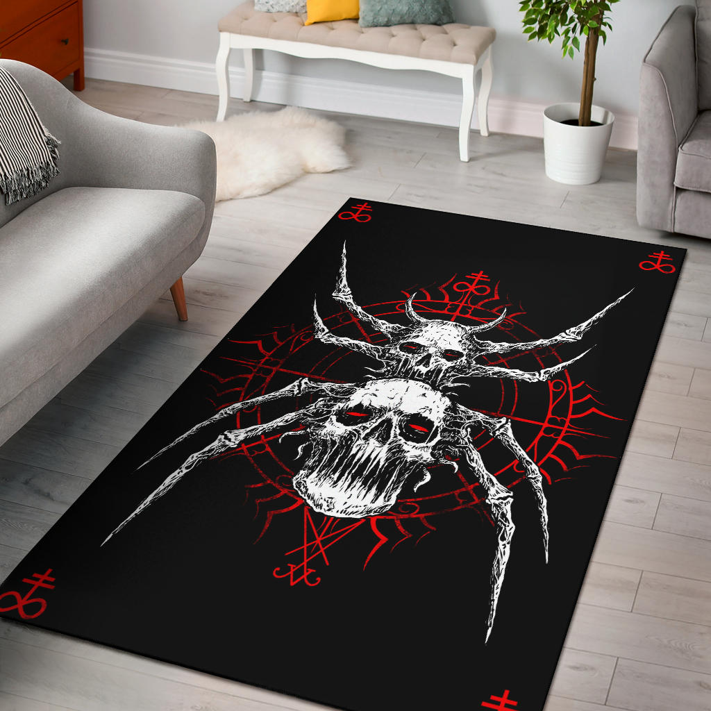 Skull Gothic Satanic Spider Area Rug Red Version