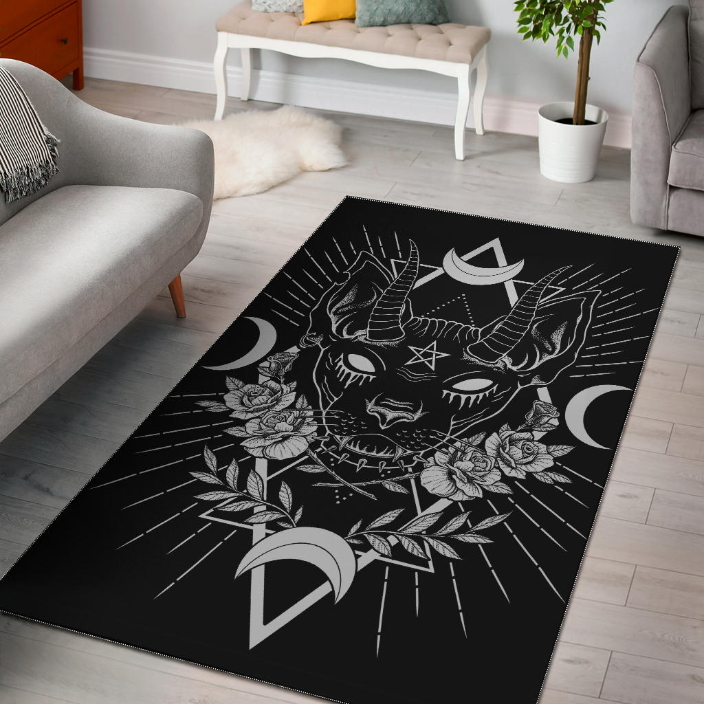 Gothic Occult Black Cat Unique Sphinx Style Area Rug Awesome Demonic White Eye Black Cat Small White Border Version